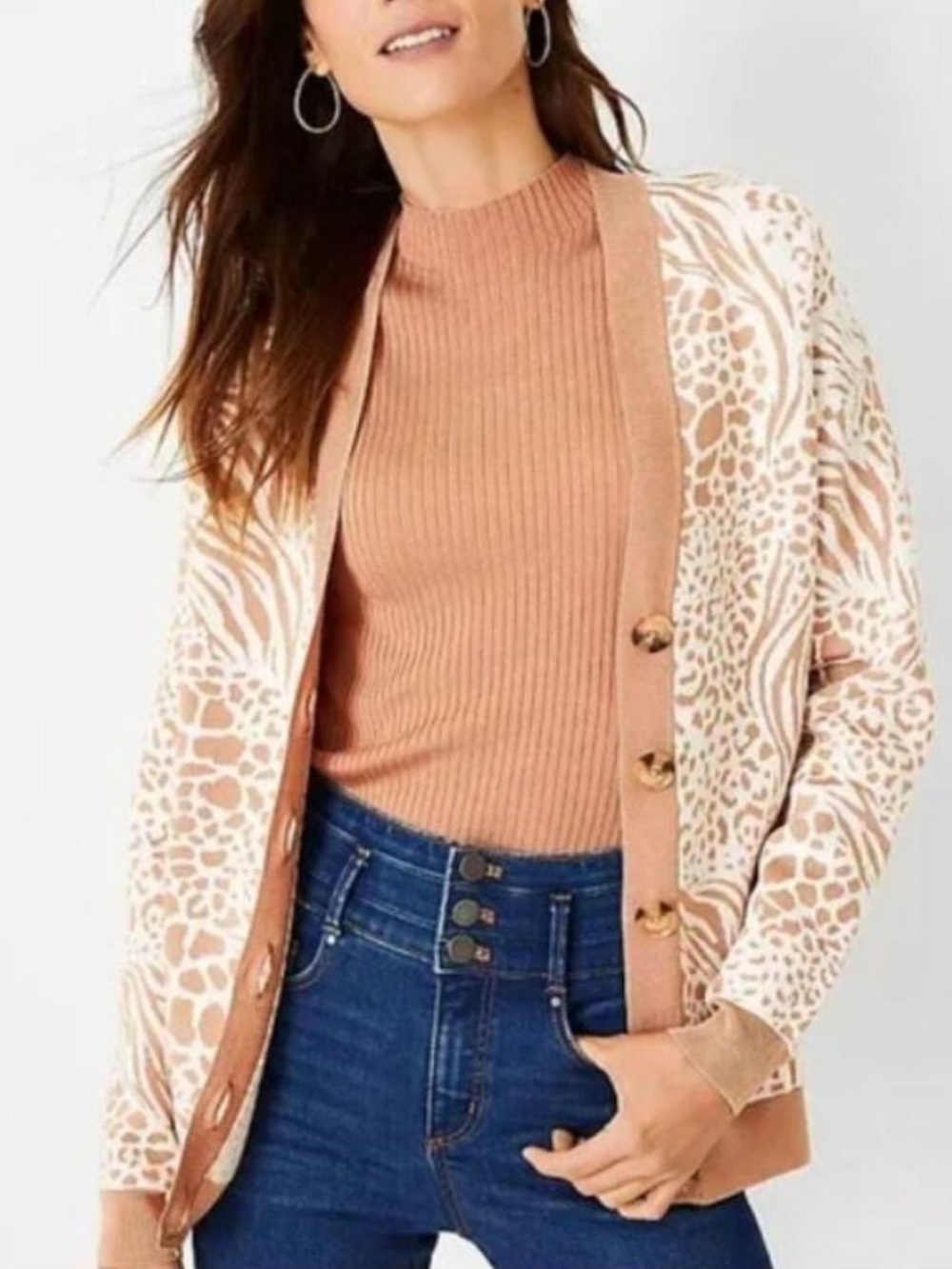 NWOT Ann Taylor Petite Mixed Animal Print Boyfriend Cardigan Sweater